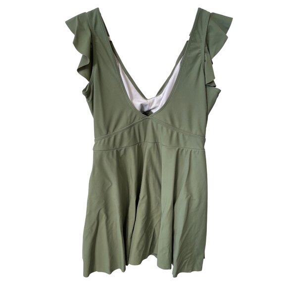 One Piece Swim Dress Size XL Cutout Ruffle Sleeve Vneck Bathing Suit Green Beach - Picture 3 of 6